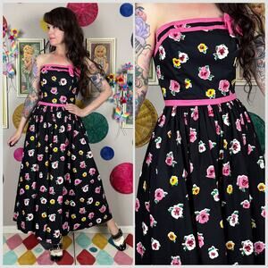 Vintage 1980s Black and Pink Floral Strapless Wide Leg Palazzo Jumpsuit